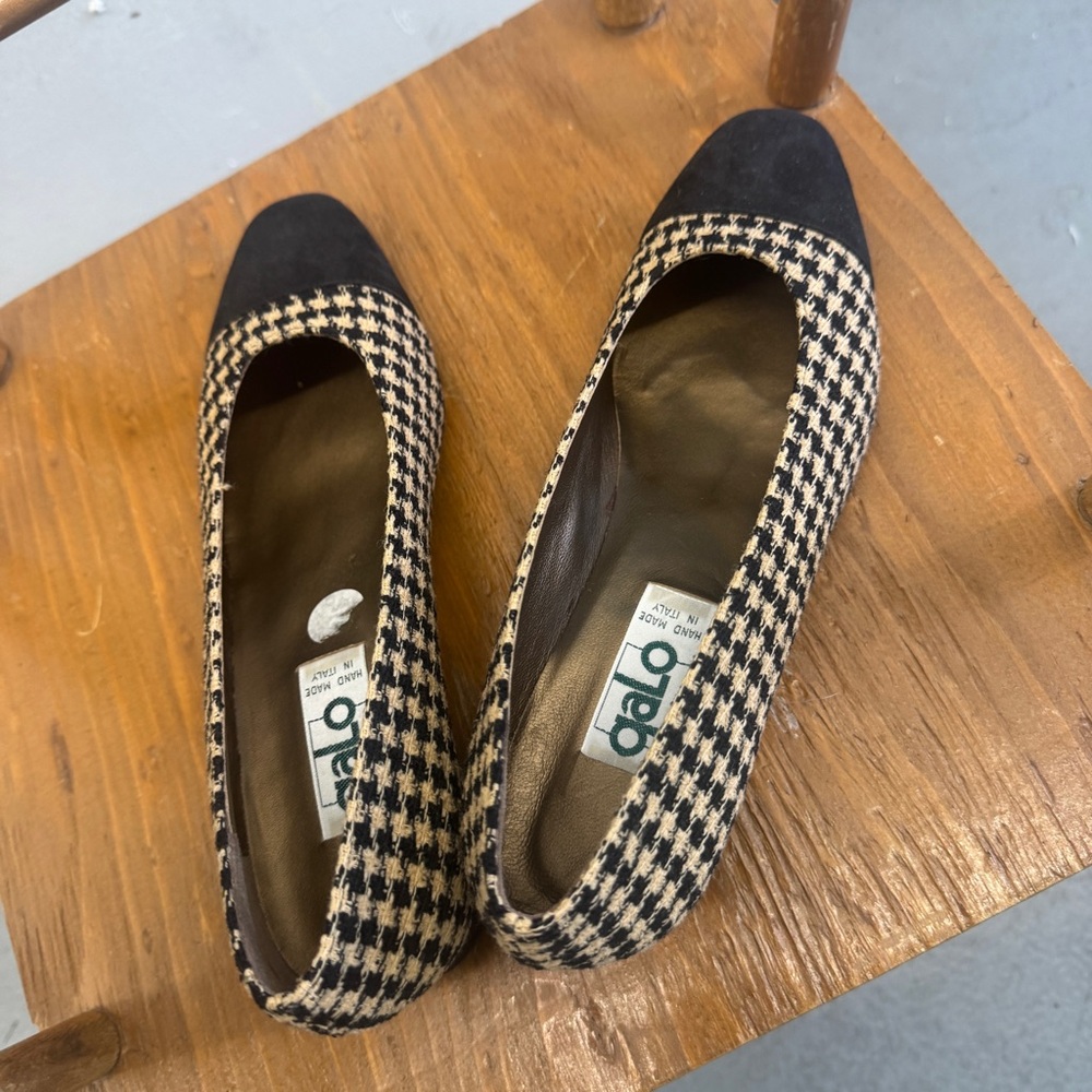 Vintage Galo Houndstooth Block Heel Pumps sz US8 EU38½ cream black tweed leather - Picture 4 of 10